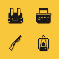 Set Bulletproof vest, Camping lantern, Hunting gun and Ammunition box icon with long shadow. Vector