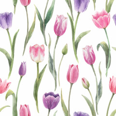 Beautiful vector floral seamless pattern with hand drawn watercolor tulip flowers. Stock illustration. - obrazy, fototapety, plakaty