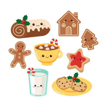 Cute Christmas beverage and dessert collection. Flat vector cartoon design