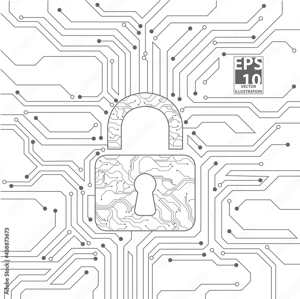 Poster digital padlock on circuit board background, cyber security and safety information, personal data an