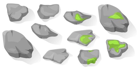 Rock stone set cartoon top view. Set of different Natural Boulders with moss and without. Cobblestones of various shapes. Vector Illustration. Collection for landscape design, plan, maps. © Volha