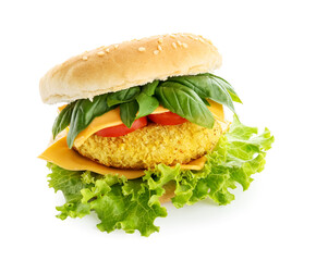 Tasty vegetarian burger on white background