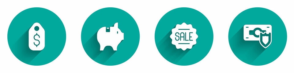 Set Price tag with dollar, Piggy bank, Sale and Money shield icon with long shadow. Vector