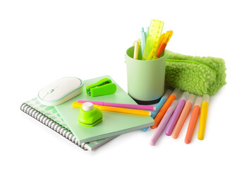Different stationery supplies and computer mouse on white background