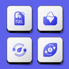Set Bio fuel canister, Iceberg, Electric saving plug in leaf and Water energy icon. White square button. Vector