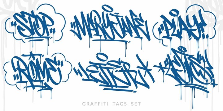 Abstract Blue Handwritten Hip Hop Urban Street Art Graffiti Style Words Vector Illustration Set