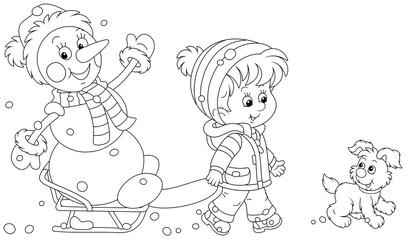 Happy little boy walking with his merry pup and sledding a funny snowman, black and white outline vector cartoon illustration for a coloring book page