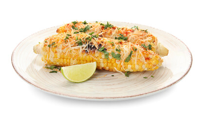 Plate with tasty Elote Mexican Street Corn isolated on white background