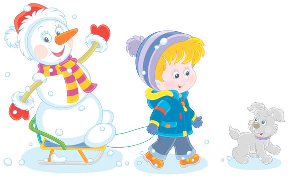 Happy little boy walking with his merry pup and sledding a funny snowman, vector cartoon illustration isolated on a white background