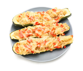 Plate with quinoa stuffed zucchini boats on white background