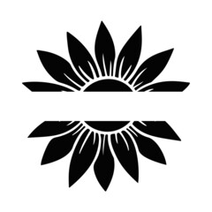 Sunflower split monogram. Flower silhouette vector illustration. Sunflower graphic logo, hand drawn icon for packaging, decor. Petals frame, black silhouette isolated on white background.