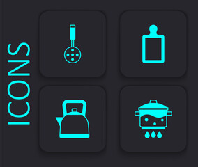 Set Cooking pot on fire, Spatula, Cutting board and Kettle with handle icon. Black square button. Vector