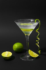 Glass of tasty gin and tonic on dark background