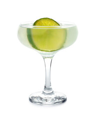 Fototapeta na wymiar Glass of tasty margarita cocktail on white background