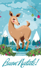 cervo, inverno, animale, natale, vettoriale, illustrazione, neve, disegno, azzurro, biancospino, poesia, romanticismo, cerbiatto, natura, cerva, nuvole, bosco, festività natalizie, elegante, bucolico,