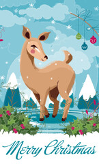 cervo, inverno, animale, natale, vettoriale, illustrazione, neve, disegno, azzurro, biancospino, poesia, romanticismo, cerbiatto, natura, cerva, nuvole, bosco, festività natalizie, elegante, bucolico,