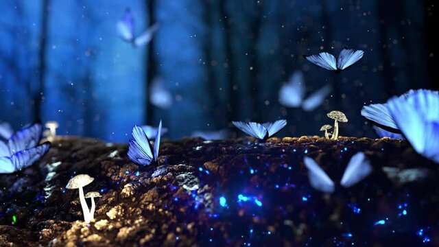 Animated 3D landscape. beautiful blue landscape floating particles, beam light, plants, and butterflies. Loop animation, vector, illustration, flat style, background.