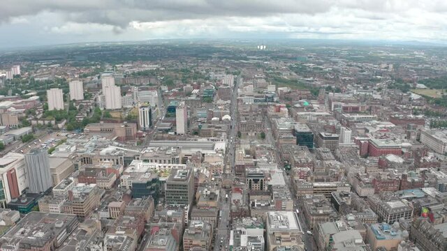 Dolly Forward Drone Shot Over Merchant City Central Glasgow Scotland