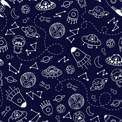 Space elements in doodle style seamless pattern on dark background, planets, spaceships with alien monsters