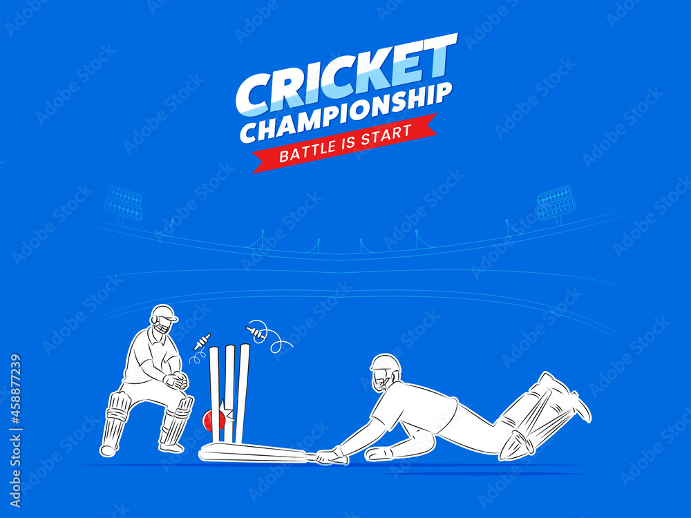 Sticker Concept Of Batsman Run Out With Wicket Keeper On Blue Stadium Background For Cricket Championship Battle Is Start.