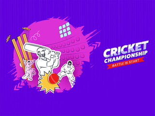 Cricket Championship Concept With Sticker Style Cricketer Player And Pink Brush Effect On Violet Background.