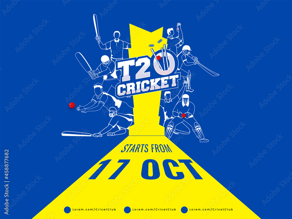 Poster t20 cricket watch live poster design with different poses of cricketer players on yellow and blue ba