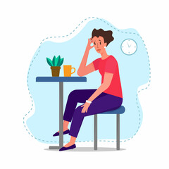 Sad woman worrying, stressed, overthinking, nervousing is sitting near the table. Mental health vector concept illustration.