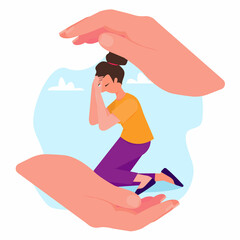 Sad, stressed, tired, upset woman is protected by two human hands. Mental health vector concept illustration. Protection concept.