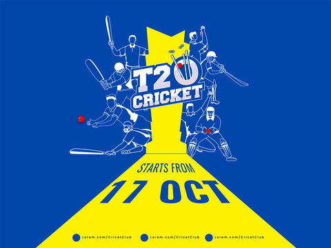 T20 Cricket Watch Live Poster Design With Different Poses Of Cricketer Players On Yellow And Blue Background.