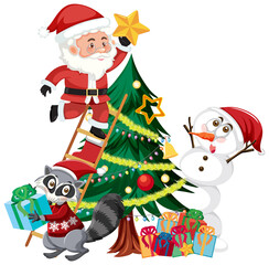 Santa Claus with snowman and Christmas tree