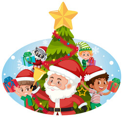 Santa Claus with happy children and Christmas tree