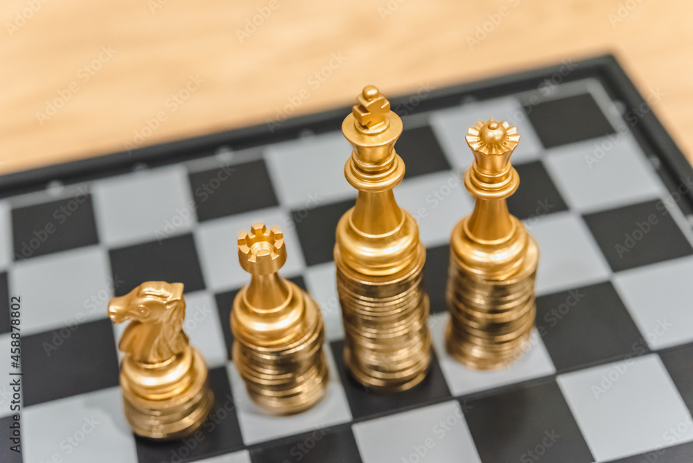 Poster closeup of chess characters on board games. to represent decision making in term of business strateg