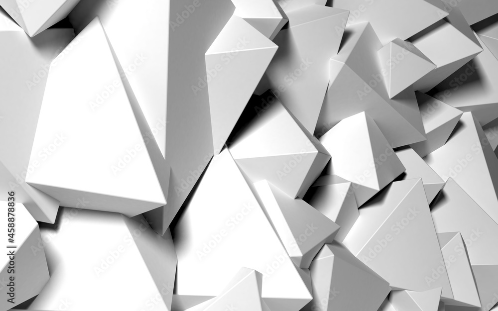 Poster Abstract background with white 3D shapes flying in the light as a messy array or chaotic structure for any pastel backdrop. 3D illustration