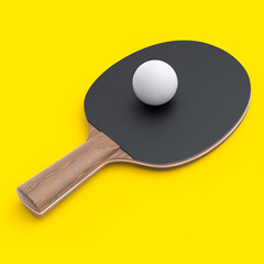 Black ping pong racket for table tennis with ball isolated on yellow background