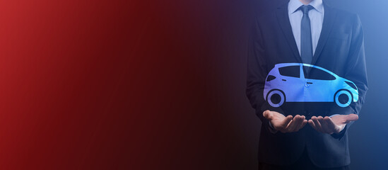 Digital composite of Man holding car icon.Car automobile insurance and car services concept....