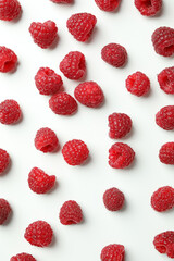 Flat lay composition with  red juicy raspberries on a white background
