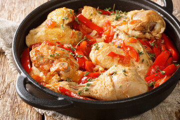 One pot Basque Chicken with Bell Peppers, herbs, tomatoes and onion close up in the pan on the table. Horizontal