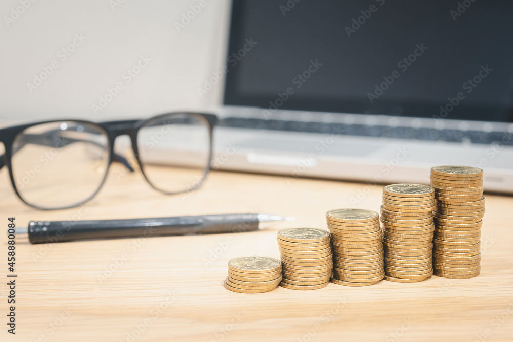Poster gold coins stacks is representing riches and wealth management. coin stack growing and find out the 