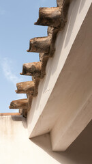 Alero de tejado de tejas de barro cocido en casa blanca con jard&iacute;n