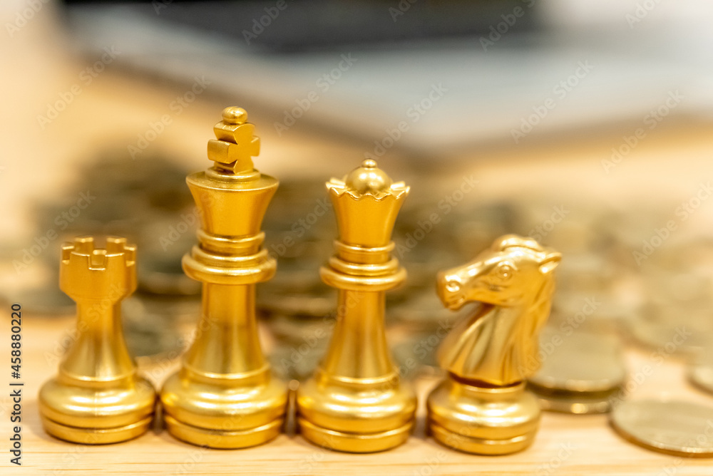 Poster closeup of chess characters on board games. to represent decision making in term of business strateg