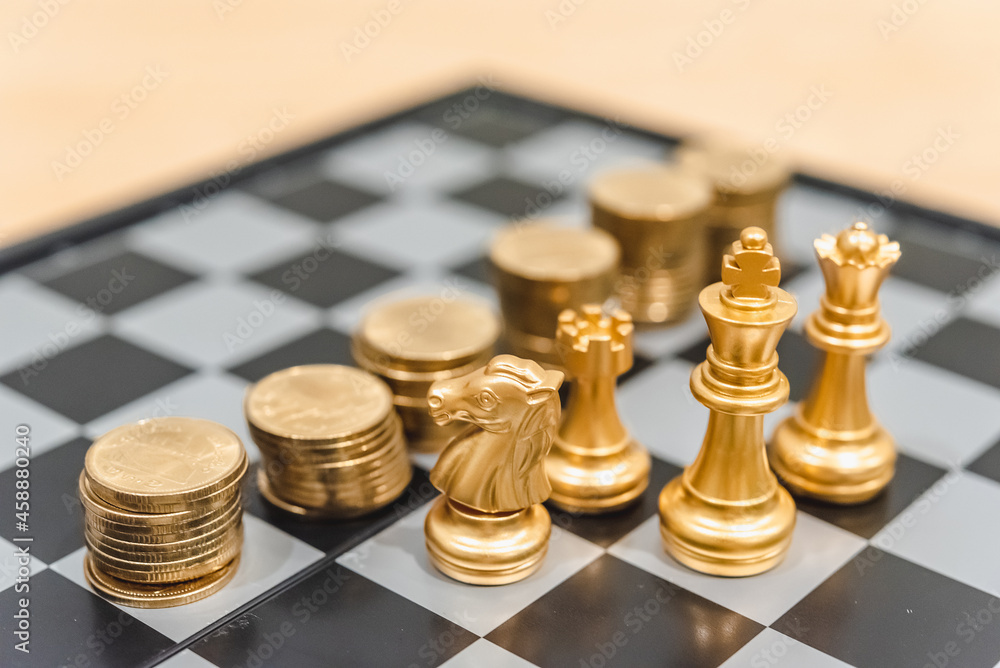 Poster closeup of chess characters on board games. to represent decision making in term of business strateg