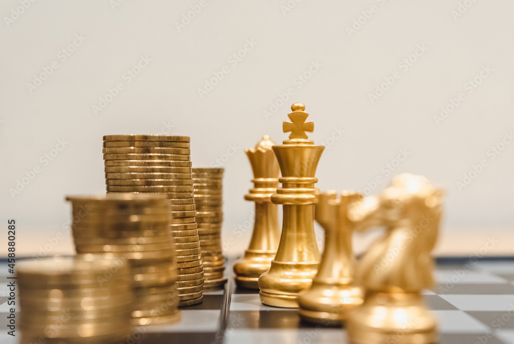 Poster closeup of chess characters on board games. to represent decision making in term of business strateg