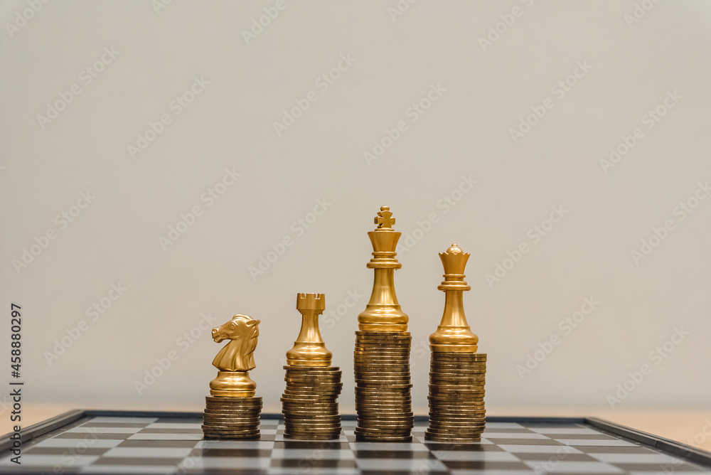 Poster closeup of chess characters on board games. to represent decision making in term of business strateg