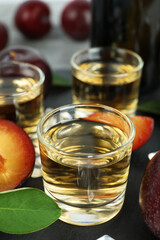 Concept of alcohol with plum vodka, close up