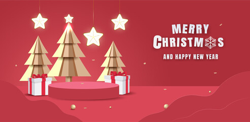 Merry Christmas and Happy New Year banner. Minimal mock up scene with studio podium to show product display. 3D vector tree xmas,  gift boxes and party elements
