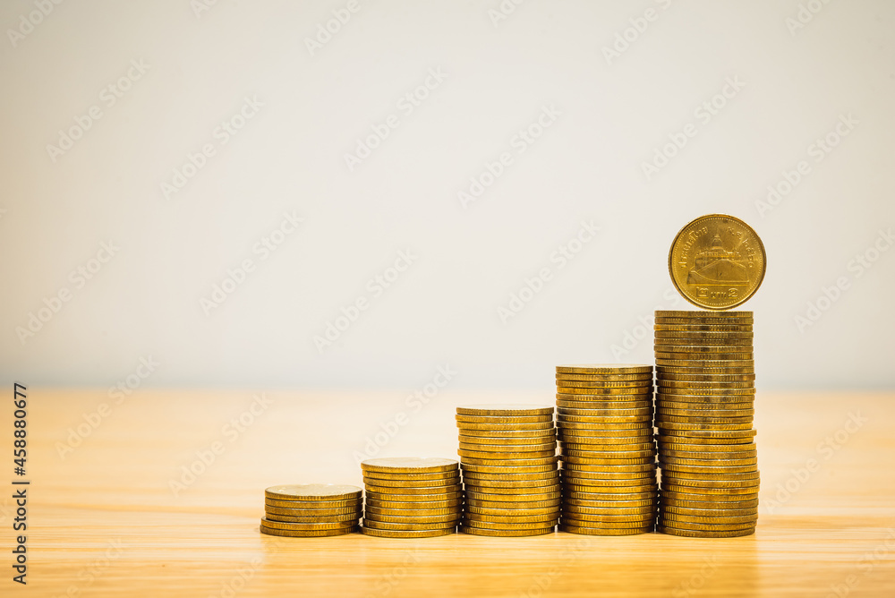 Poster gold coins stacks is representing riches and wealth management. coin stack growing and find out the 