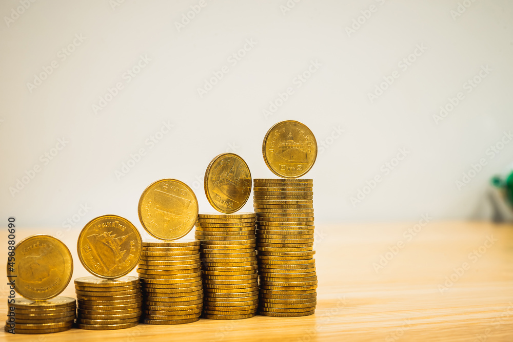 Poster gold coins stacks is representing riches and wealth management. coin stack growing and find out the 