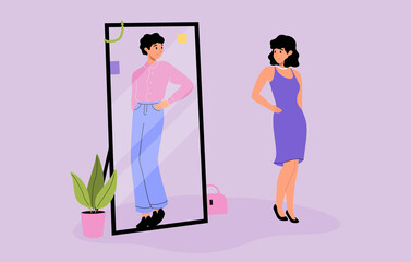 Transgender, concept of gender identity and transgenderness. Transsexual woman looks in the mirror. Non-binary people rights, transgenders, lgbtq community, gender transition, genderfluid