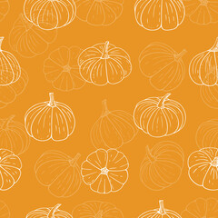 Pumpkins seamless pattern,Halloween wallpaper.Hand-drawn Thanksgiving gourds endless background with vegetarian food,proper nutrition,healthy diet.Line art. Vector illustration