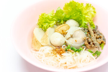 Noodles Soup with multi fish balls with white background. Asian food Noodle	
